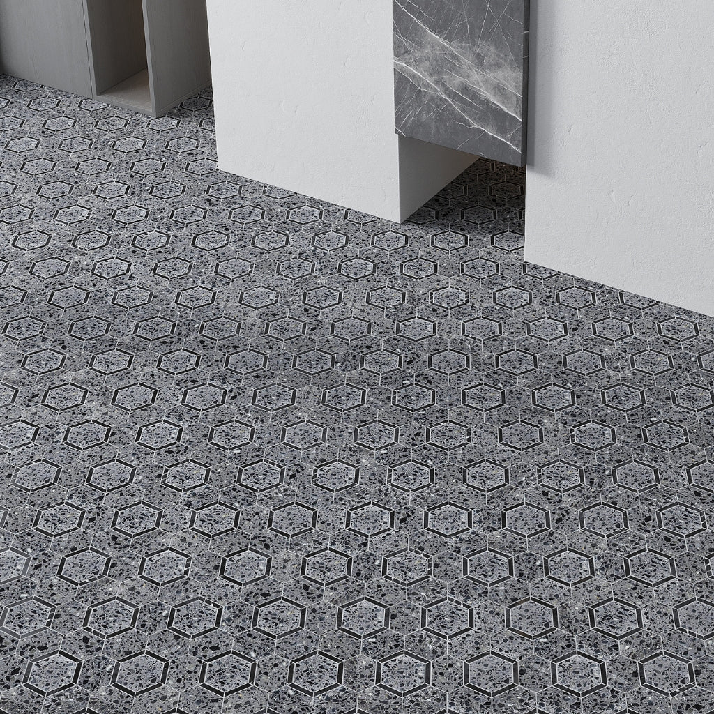 charcoal gray black honed hexagon terrazzo limestone marble mosaic tile flooring with matte finish