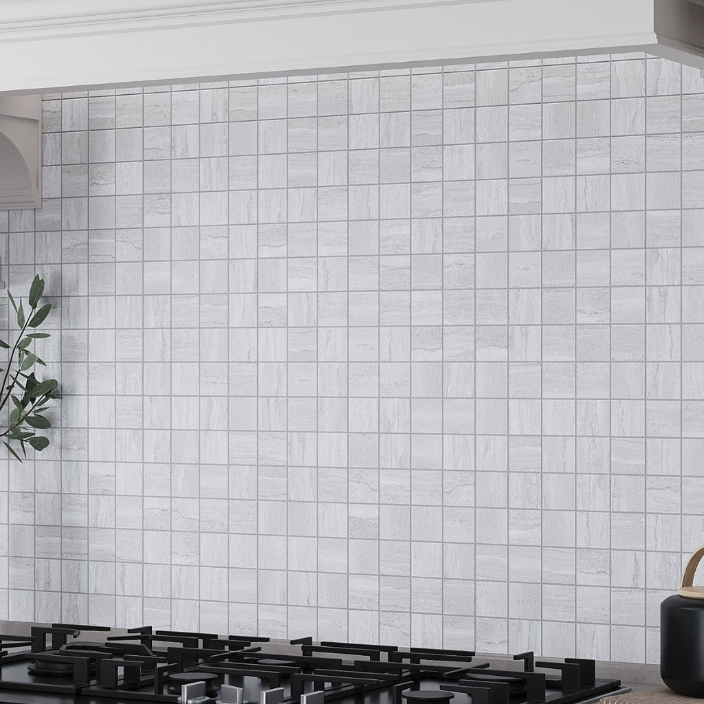 Light gray matte porcelain mosaic tile with stone look in 12x12 squares for wall and floor