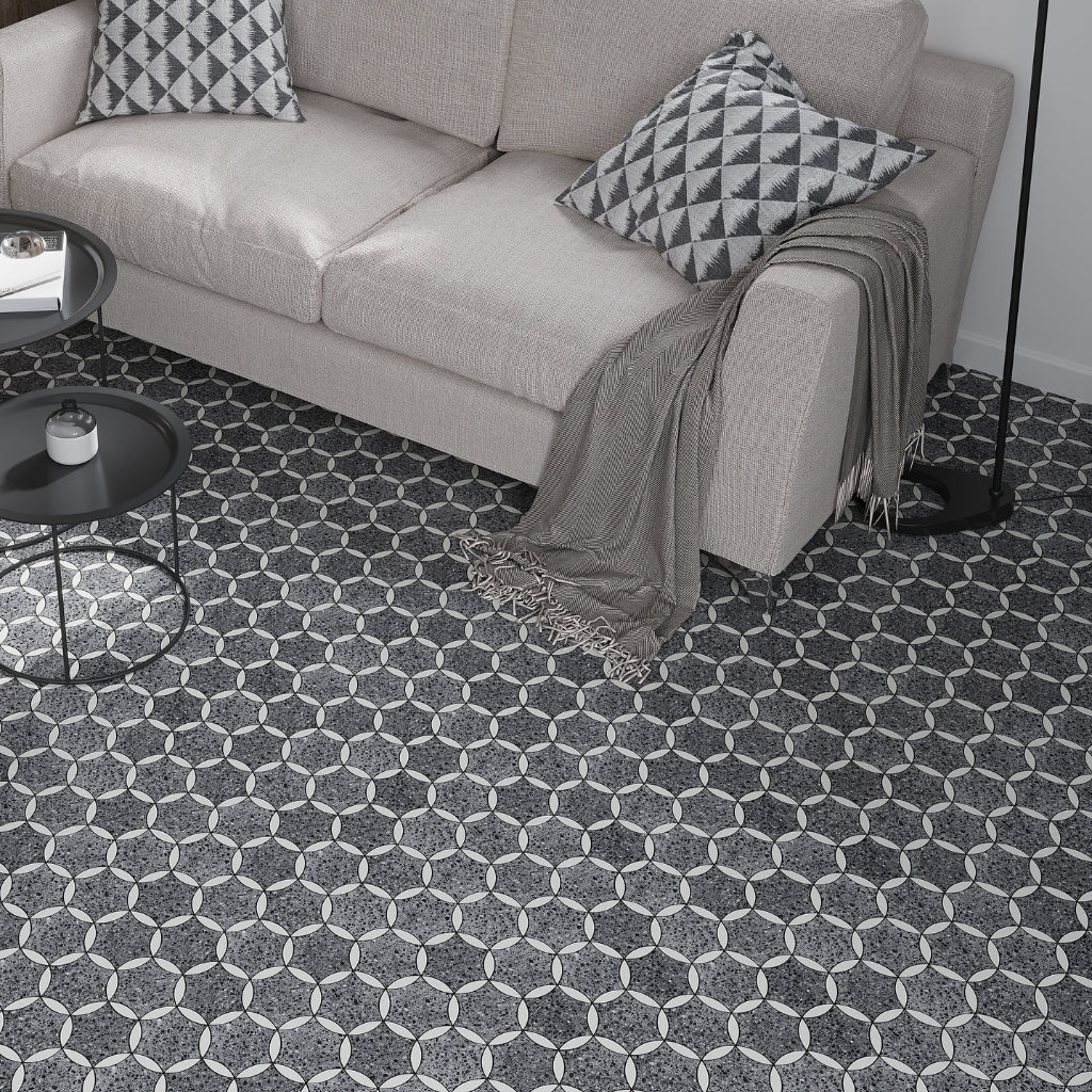 charcoal gray honed terrazzo dolomite marble mosaic tile with star round pattern