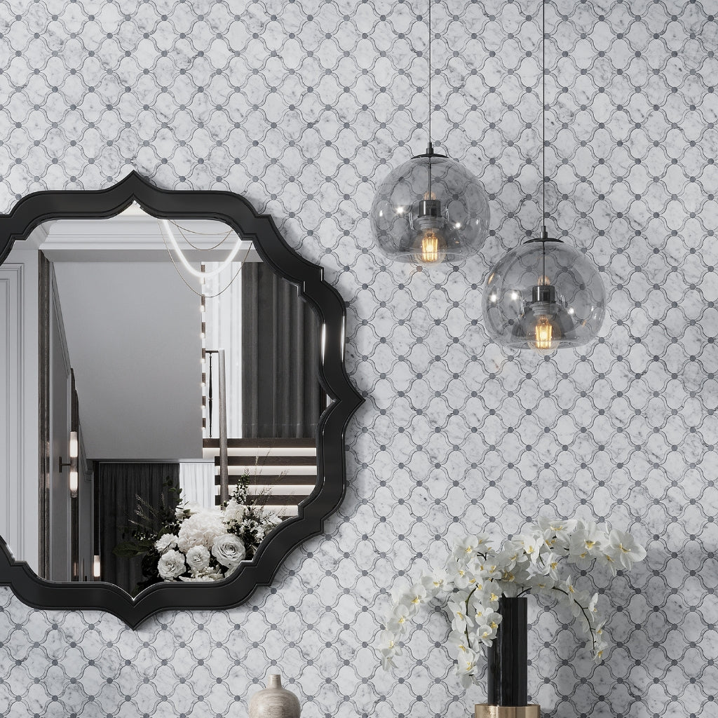 Soft White Gray 12x12 Polished Arabesque Stone Mosaic Tile (5 pack, 4.83 sq ft/case)