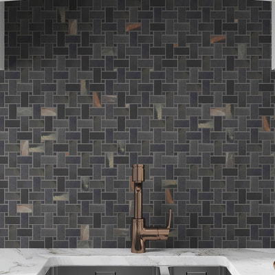 black matte basketweave porcelain mosaic tile with subtle marble-like pattern