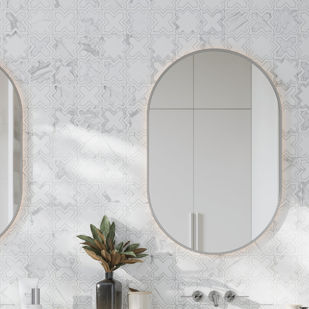 warm white dolomite calacatta marble mosaic tile with honed star and cross pattern