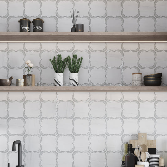 White gray 11x11 polished floral star dolomite glass marble mosaic tile with clover pattern