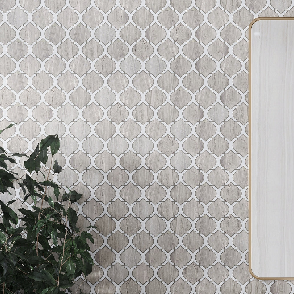 Thassos White, Wooden Grey 10x11 Polished Arabesque Marble Mosaic Tile (5 pack, 4 sq ft/case)