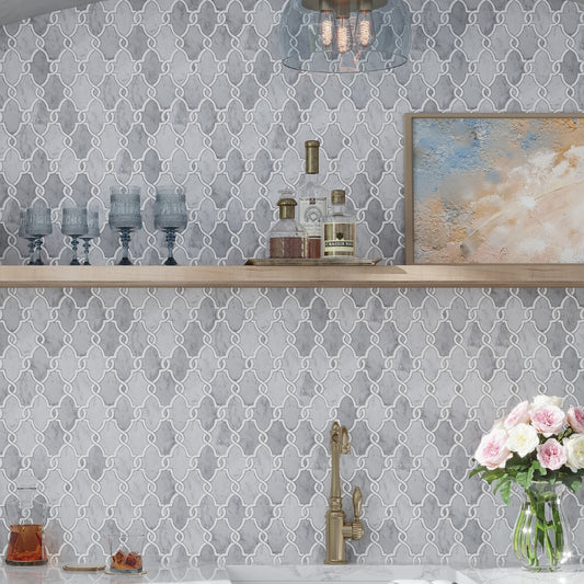 soft gray and white polished arabesque carrara thassos marble mosaic tile with natural veining