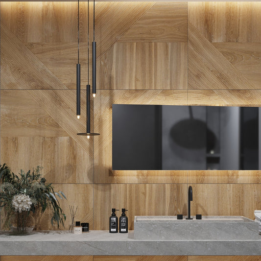 brown 30x30 matte slate porcelain large format tile with wood-look texture on wall