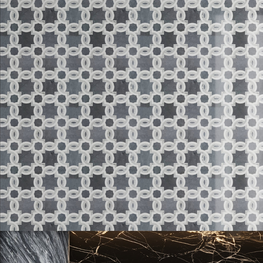 polished floral marble mosaic tile in carrara, eastern grey, and thassos marble with geometric pattern