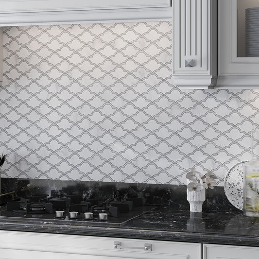 polished bianco carrara marble mosaic tile with soft white gray fan scalloped pattern