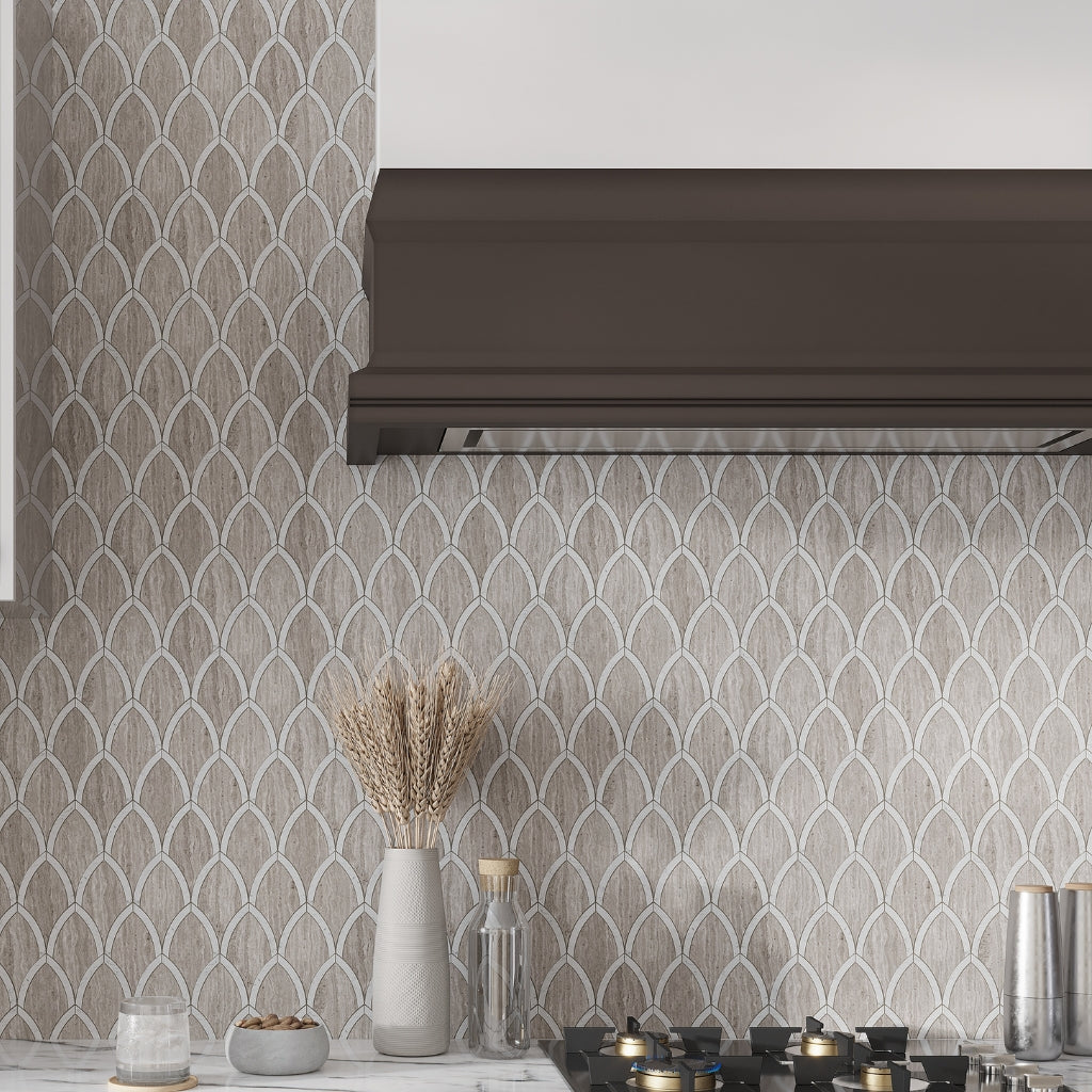 wooden grey and bianco carrara 9x10 polished fan fish scale marble mosaic tile backsplash