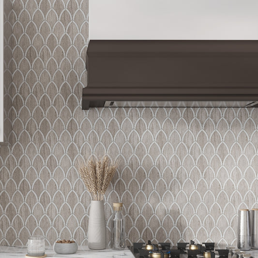 wooden grey and bianco carrara 9x10 polished fan fish scale marble mosaic tile backsplash