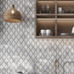 Polished Bianco Carrara arabesque marble mosaic tile with Wooden Grey and Athens Grey hues