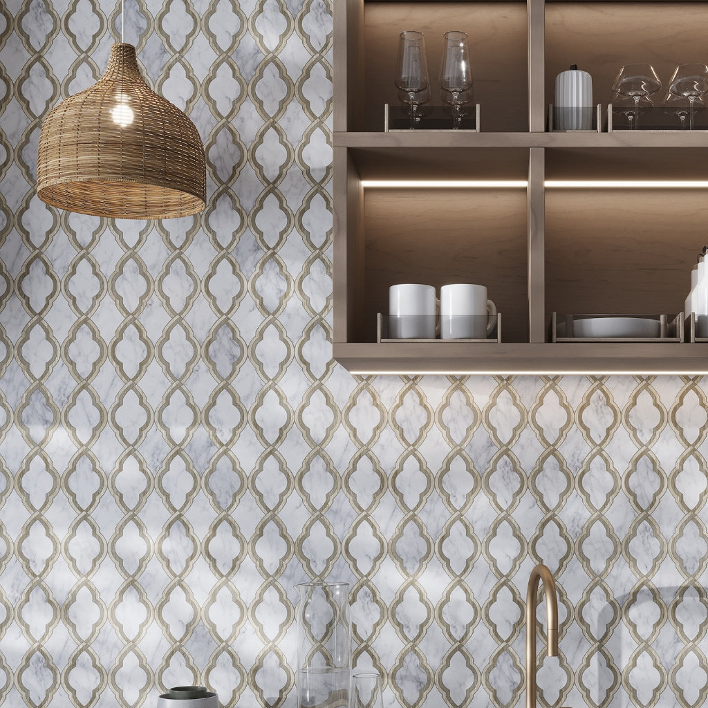 Polished Bianco Carrara arabesque marble mosaic tile with Wooden Grey and Athens Grey hues