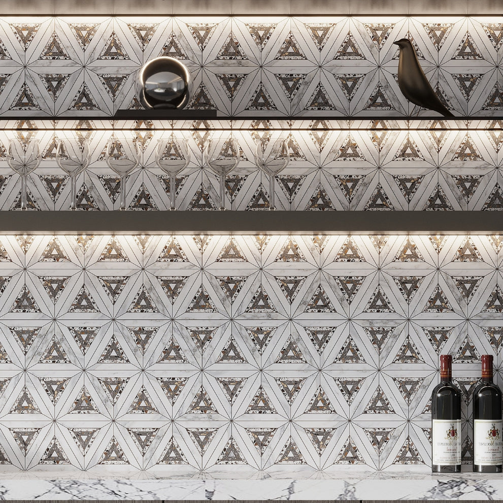 Polished and Honed White and Gray Marble Mosaic Tile with Kaleidoscopic Design