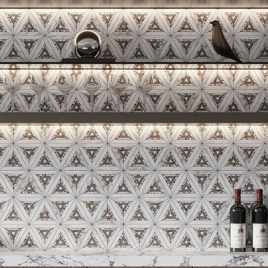 White Gray 9x10 Polished Honed Kaleidoscopic Calacatta Gold, Glacier Terrazzo Marble Mosaic Tile (5 pack, 3.14 sq ft/case)