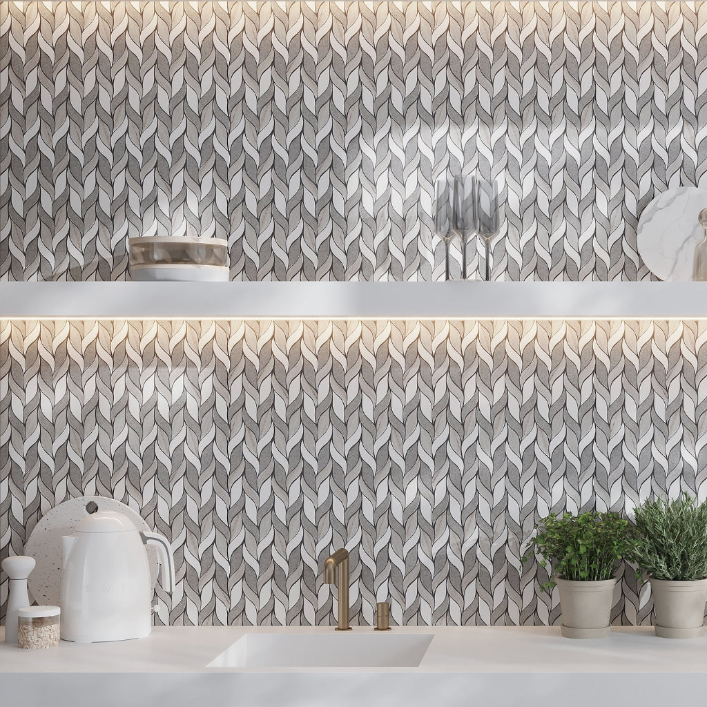thassoss white cinderella gray polished leaf crystal sand mosaic tile with elegant gray and white marble finish