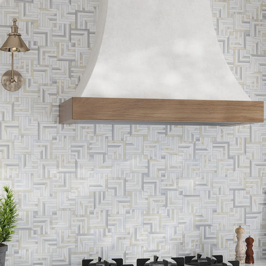 White gray polished 10x10 chevron mosaic tile with Calacatta Gold veining and Thassos marble