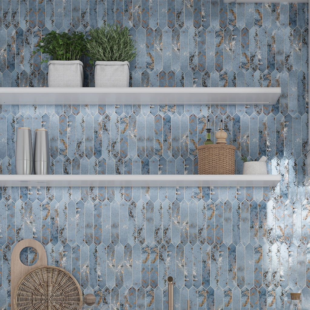 glossy blue 2x10 ceramic picket tiles with elongated hexagon shape wall installation