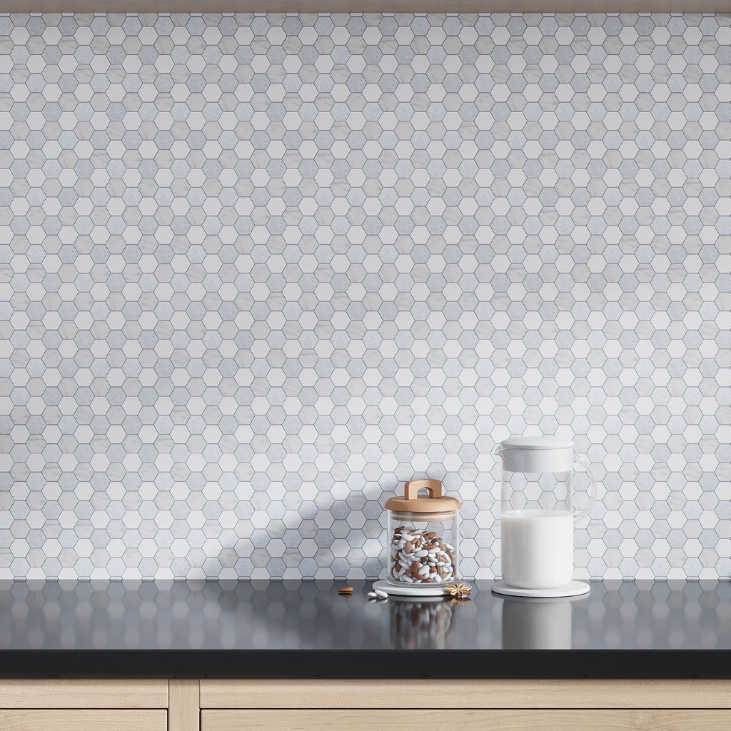 Pristine White Gray 11x12 Polished Hexagon Thassos Carrara Blue Celeste Marble Mosaic Tile (5 pack, 4.59 sq ft/case)