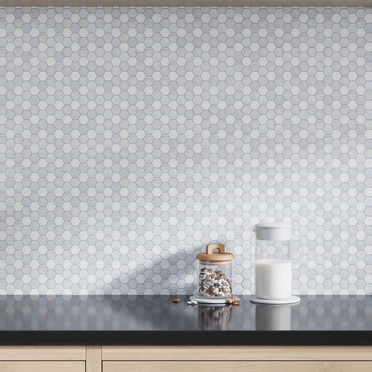 Pristine White Gray 11x12 Polished Hexagon Thassos Carrara Blue Celeste Marble Mosaic Tile (5 pack, 4.59 sq ft/case)