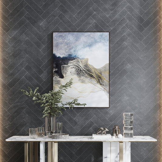 Eastern Black 3x12 textured etched linear wave elongated subway tile arranged in herringbone pattern