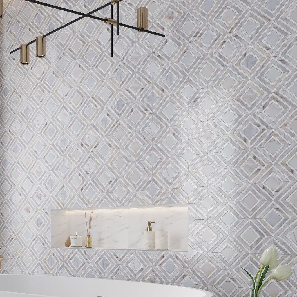White Gray 9x11 Polished Framed Diamond Calacatta Gold, Thassos Mosaic Tile (5 pack, 3.53 sq ft/case)