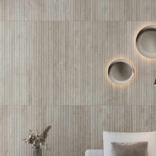 warm beige 24x48 matte fluted grooved porcelain large wall tile with subtle wood texture