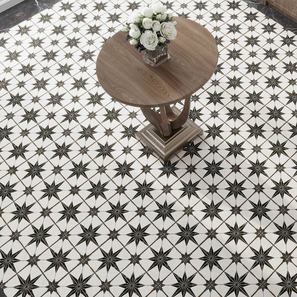 black and white 9x9 matte-layer star square porcelain tile with geometric pattern