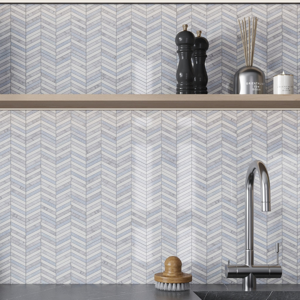 Thassos Bianco Carrara Blue Celeste 12x12 Polished Chevron Marble Mosaic Tile (5 pack, 5 sq ft/case)
