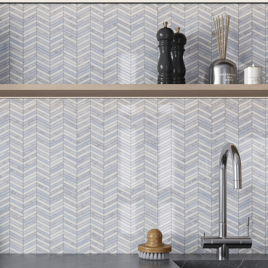 Thassos Bianco Carrara Blue Celeste 12x12 Polished Chevron Marble Mosaic Tile (5 pack, 5 sq ft/case)