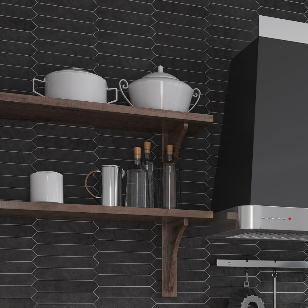 black matte ceramic picket tile backsplash with elongated hexagonal shapes and textured surface