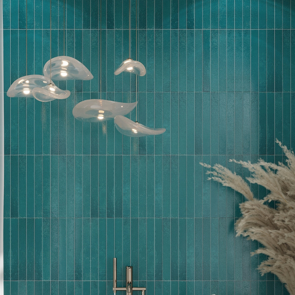 Tropical teal glossy Zellige ceramic tile bathtub surround