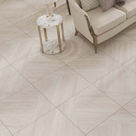 almond wood matte porcelain tile 24x24 with subtle curved arch pattern beige finish