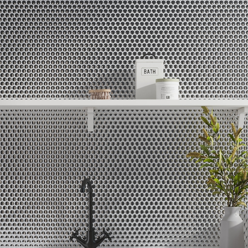 metallic silver glossy penny round porcelain mosaic tile in 12x12 size with high-shine finish