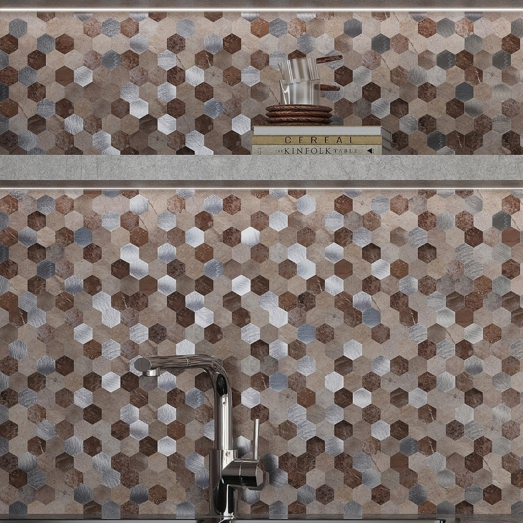 Beige honed hexagon PVC peel and stick tiles arranged in honeycomb pattern ideal for kitchen backsplashes
