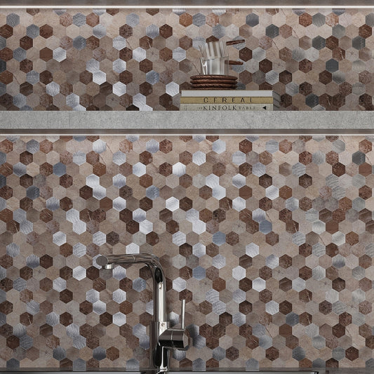Beige honed hexagon PVC peel and stick tiles arranged in honeycomb pattern ideal for kitchen backsplashes