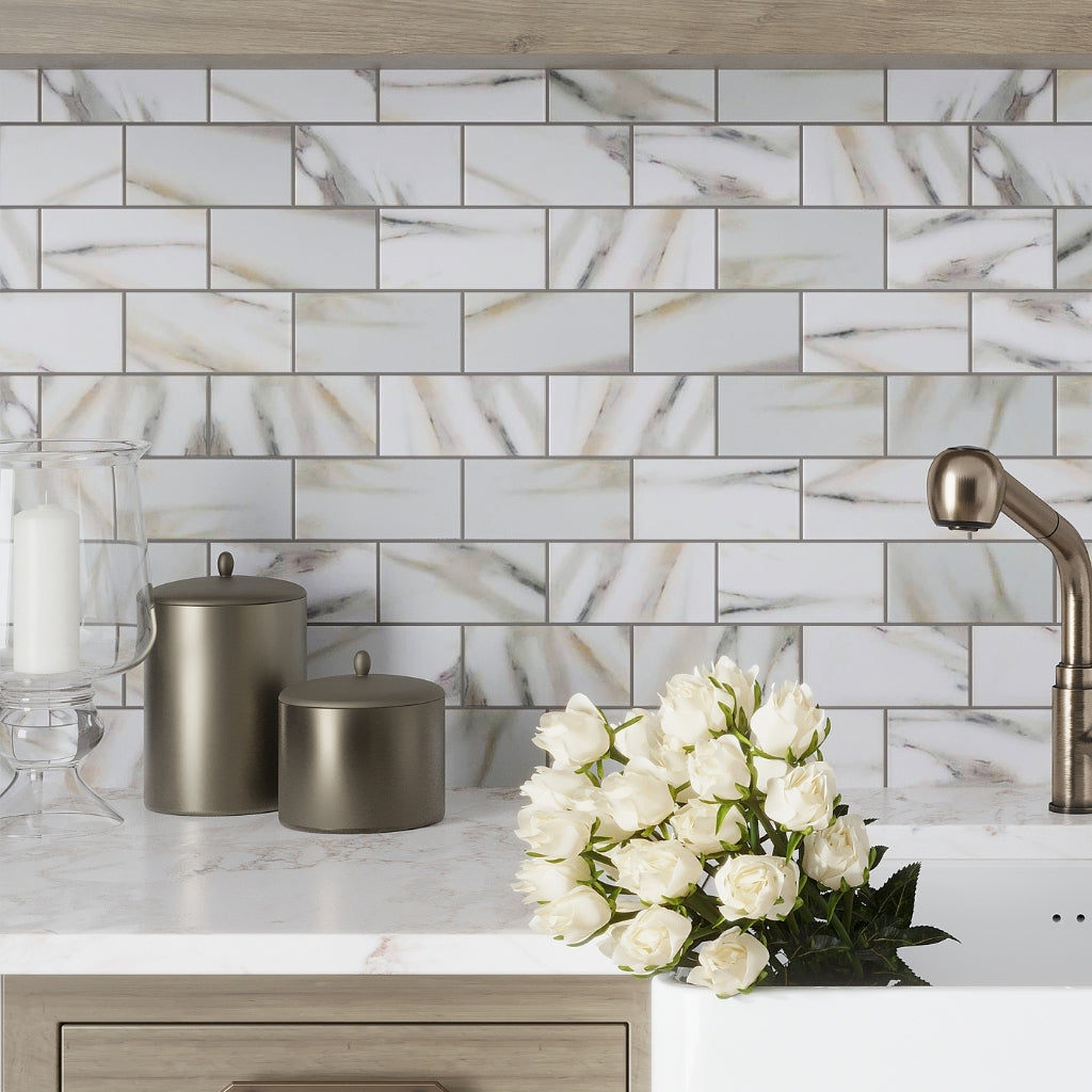 Chiffon white 12x12 matte marble-look brick recycled glass mosaic tile backsplash
