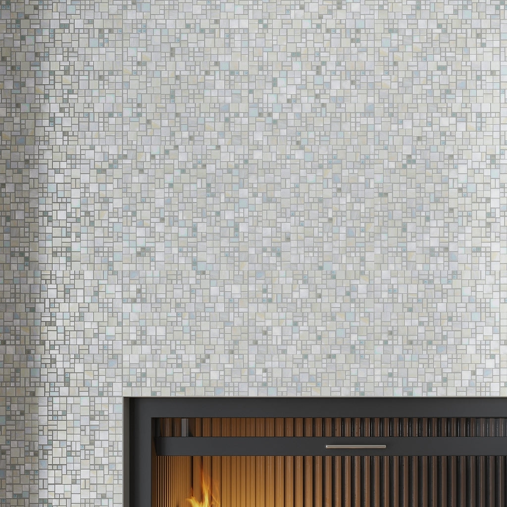 Glossy pearl white 12x12 square glass mosaic tile with varied small square pattern