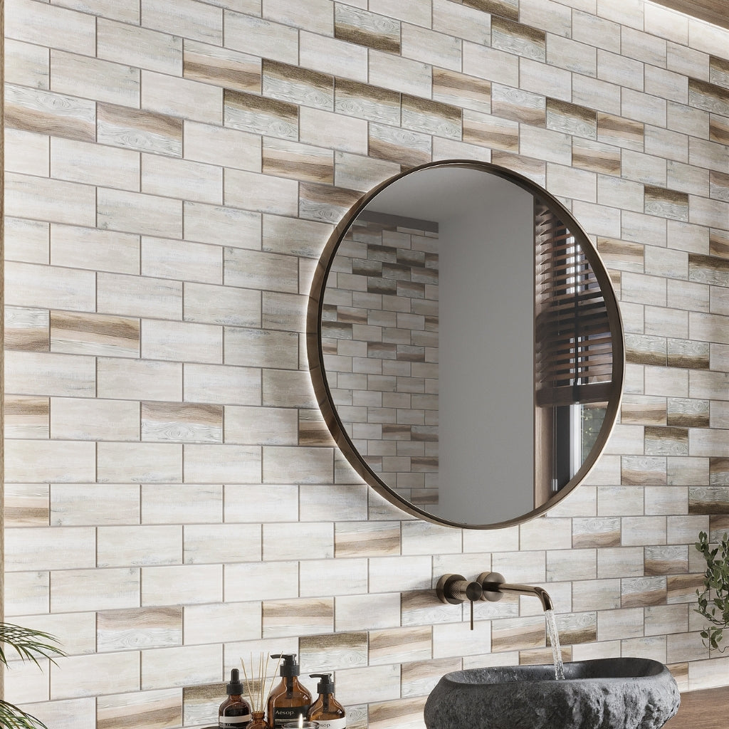 beige 12x12 matte brick recycled glass mosaic tile wall with mixed wood grain texture