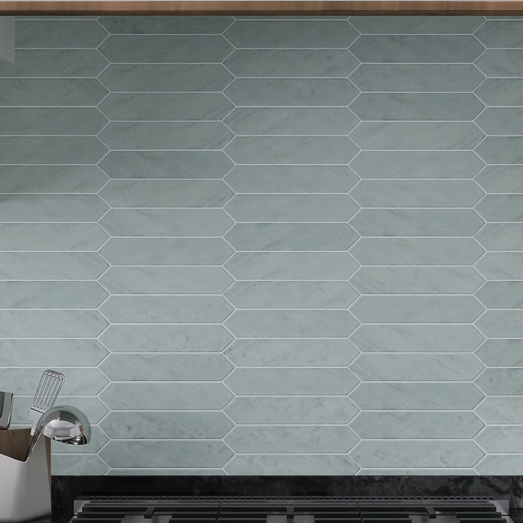 pistachio green 2x10 matte ceramic picket tiles arranged in horizontal pattern