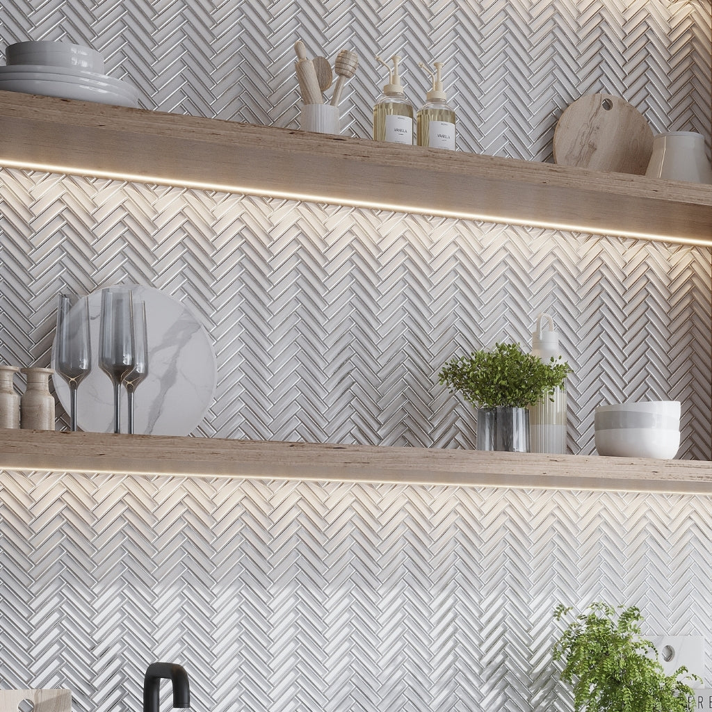 Gray, Silver 12x12 Glossy Glass Herringbone Mosaic Tile (4.59 sq ft/case, 5-Pack)