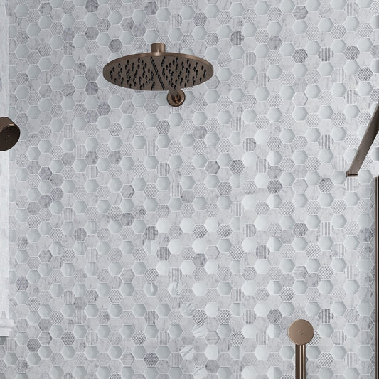 White 12x12 Polished Etched Hexagon Bianco Carrara Glass Marble Mosaic Tile (5 pack, 4.92 sq ft/case)