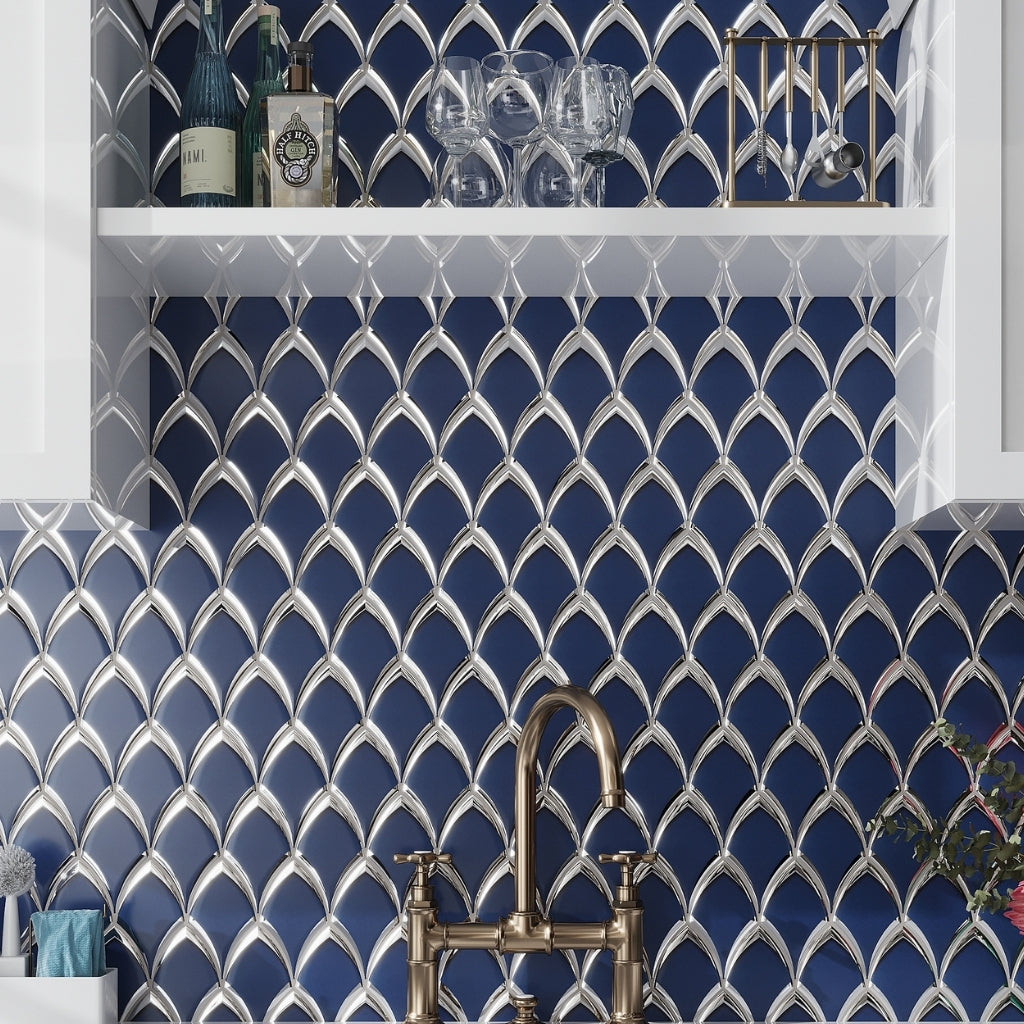 Blue, Gray 10x12 Glossy Glass Arabesque, Fan Mosaic Tile (4.25 sq ft/case, 5-Pack)