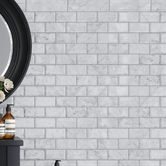 White 3x6 Polished Beveled Subway Bianco Carrara Marble Tile (40 pack, 5 sq ft/case)