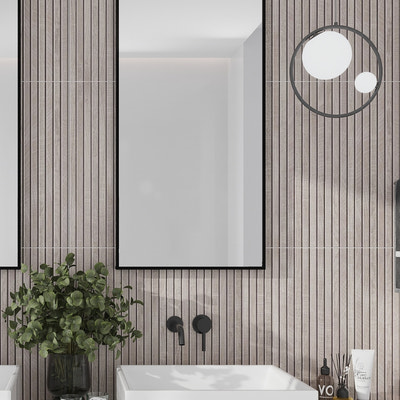 gray 24x48 matte porcelain deco tile with ribbon texture installed on bathroom wall