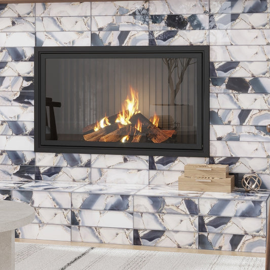 glossy gray glass subway tile with gold flecks in 3x12 size arranged on wall and bench