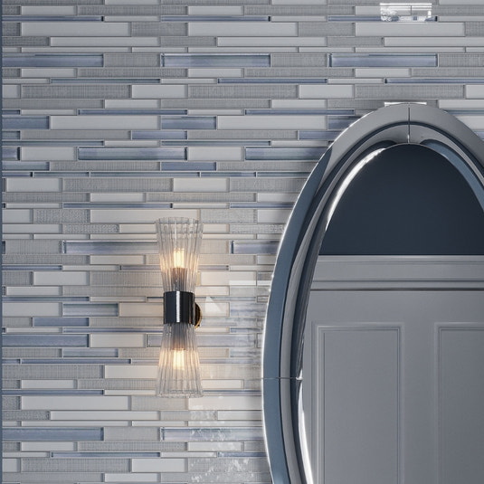 White and blue glossy matte glass mosaic tiles in linear stick pattern 12x12 sheet
