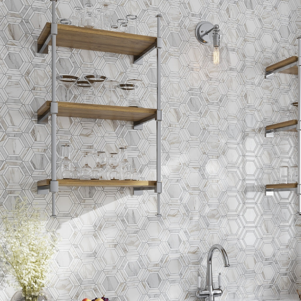 White Gray 11x13 Polished Hexagon Calacatta Gold, Thassos Mosaic Tile (5 pack, 5.4 sq ft/case)