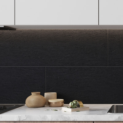 black 12x36 matte ceramic large format tile with textured slate-like surface