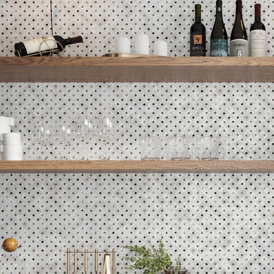 white 12x12 polished square shell mother of pearl mosaic tile with shimmering geometric pattern