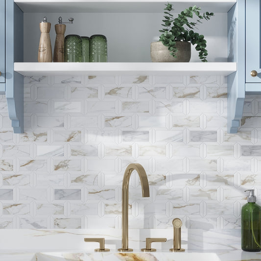 White Gray 10x12 Polished Framed Brick Calacatta Gold, Thassos Mosaic Tile (5 pack, 4 sq ft/case)